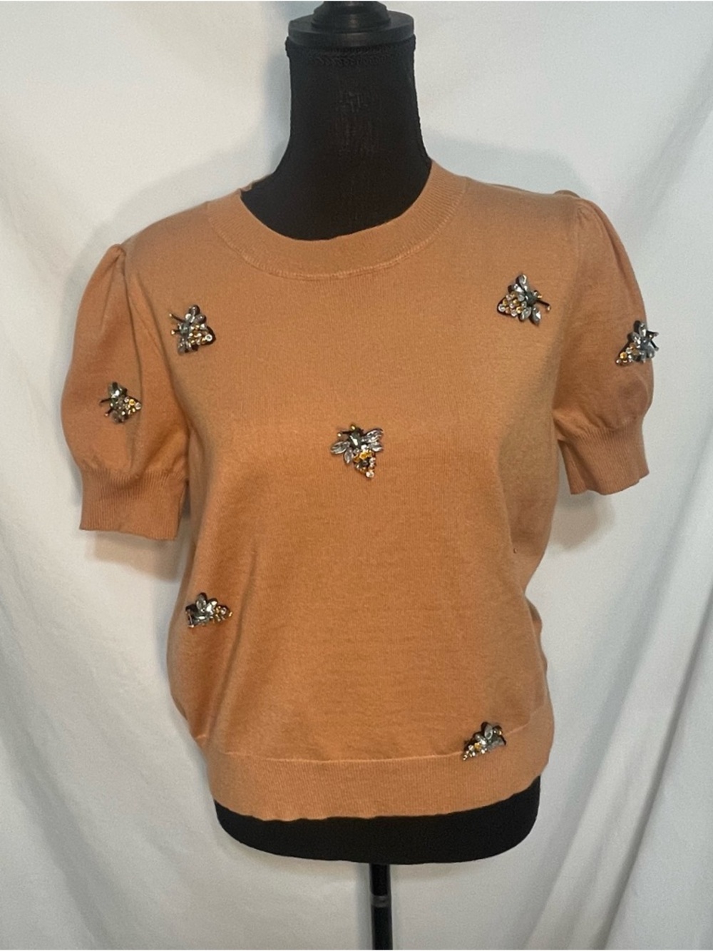 Answers Embellished Puff Sleeve Sweater Top - Camel color. Bees. Size L 8/10